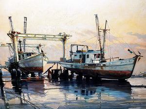 Al Barnes Two Drydocked Ladies Original Oil Painting 1969 On Canvas - Brand New Super Custom Sporting Frame