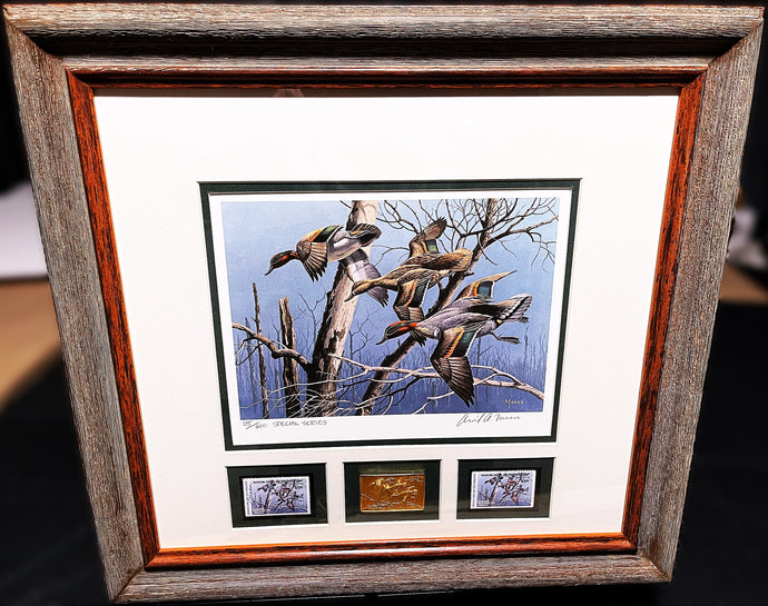 David Maass 1983 Arkansas Duck Stamp Print Special Series Gold Medallion With Double Stamps - Brand New Super Custom Sporting New Frame