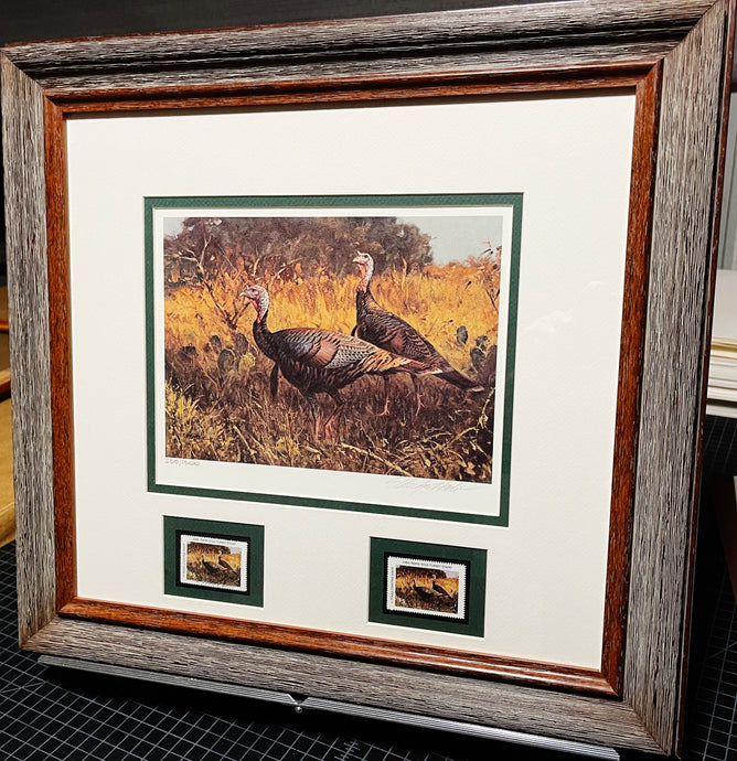 Eldridge Hardie 1989 Texas Turkey Stamp Print With Double Stamps - Brand New Super Custom Sporting Frame