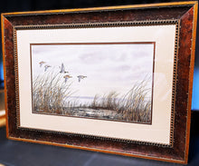 Load image into Gallery viewer, Herb Booth Winding Original Watercolor Painting Half Sheet - Greenhead Mallards In Flight - Custom Frame