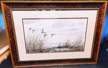Load image into Gallery viewer, Herb Booth Winding Original Watercolor Painting Half Sheet - Greenhead Mallards In Flight - Custom Frame
