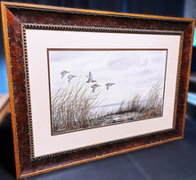 Load image into Gallery viewer, Herb Booth Winding Original Watercolor Painting Half Sheet - Greenhead Mallards In Flight - Custom Frame