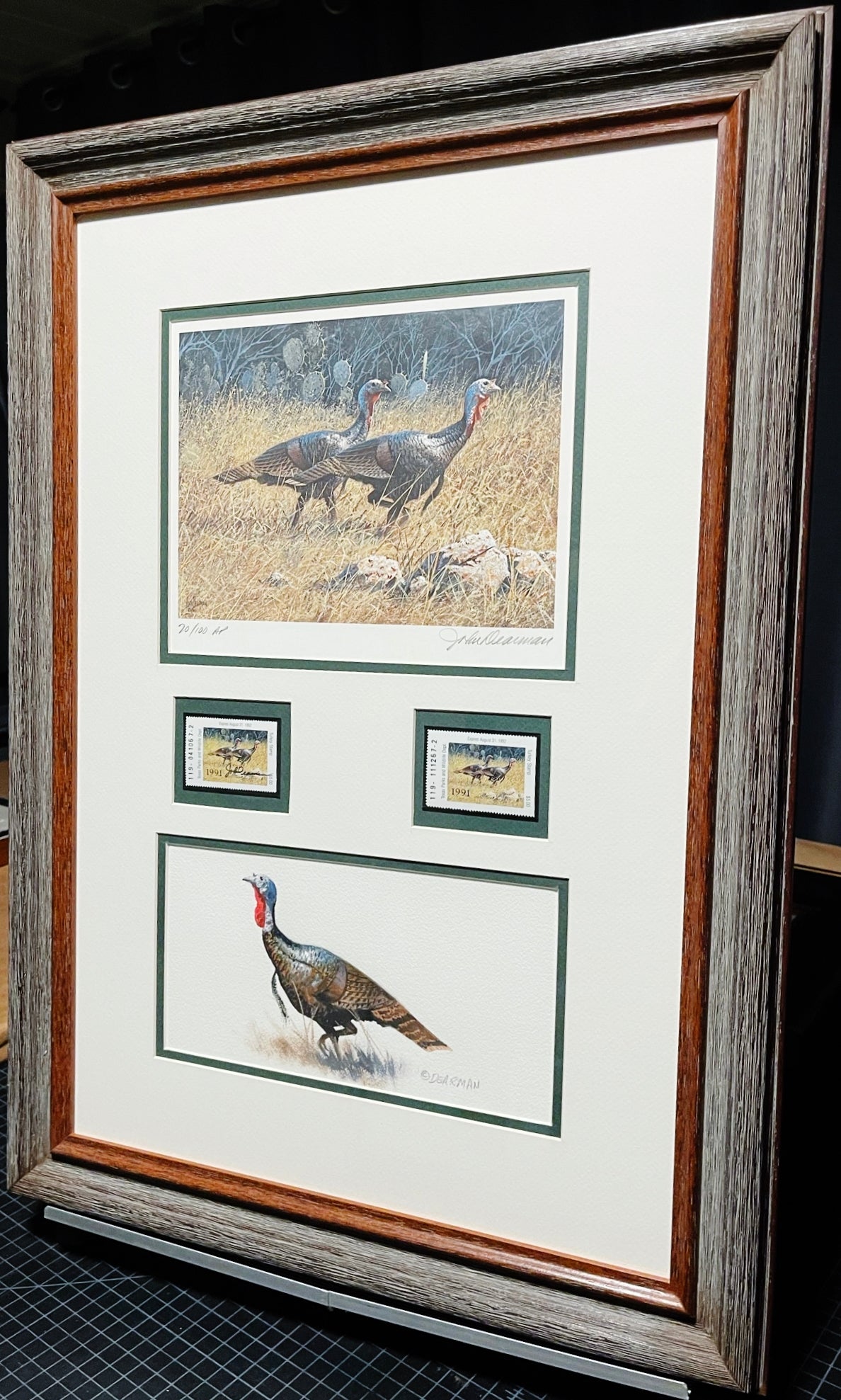 John Dearman - 1991 Texas Turkey Stamp Print Artist Proof 2 Stamps Original Inlay - Brand New Custom Sporting Frame