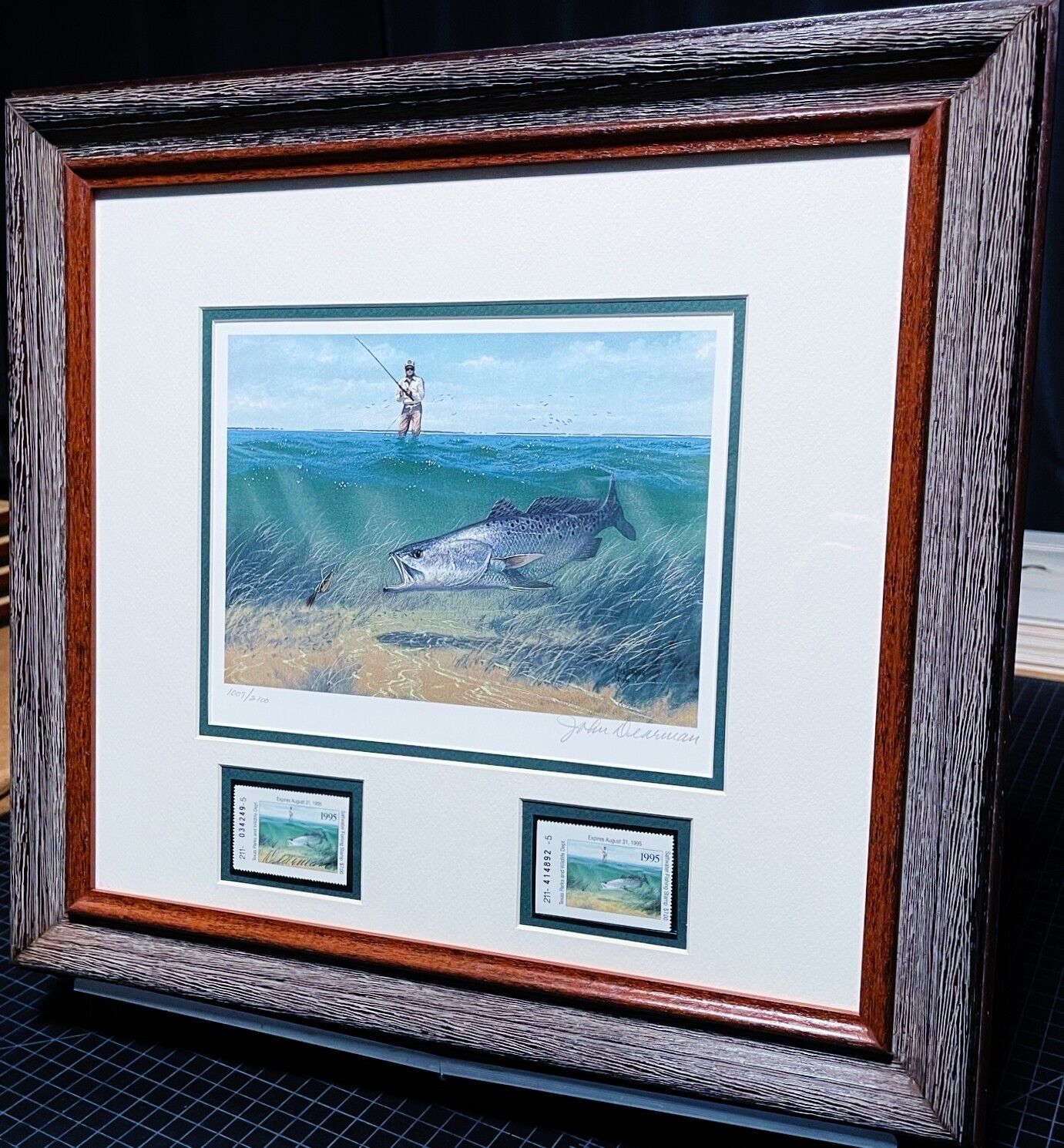 John Dearman 1995 Texas Saltwater Stamp Print With Double Stamps - Brand New Custom Sporting Frame