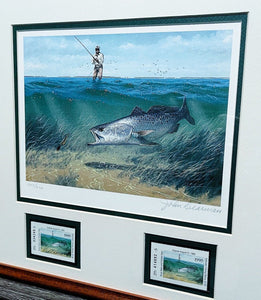 John Dearman 1995 Texas Saltwater Stamp Print With Double Stamps - Brand New Super Custom Sporting Frame