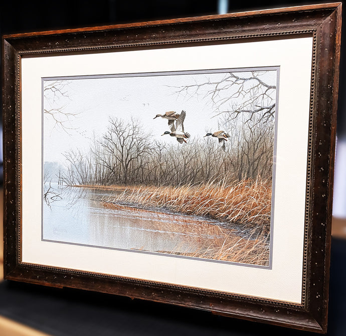 John Dearman Greenheads Comin' In Original Watercolor Painting Half Sheet - Brand New Super Custom Frame