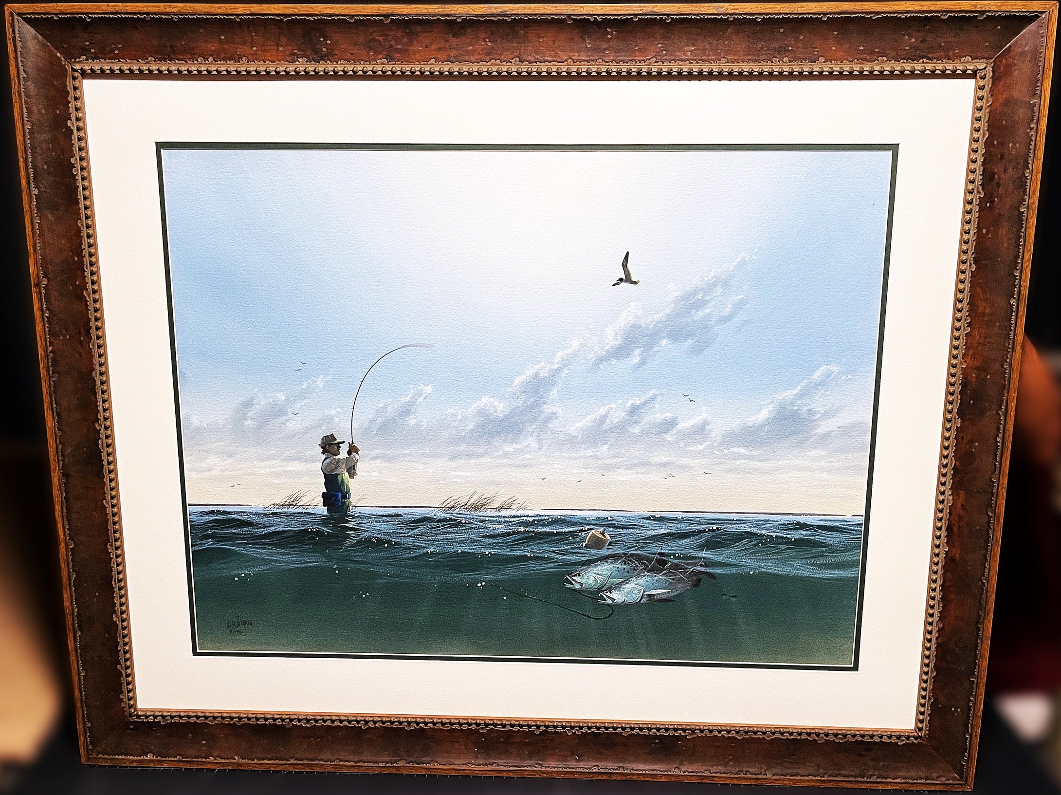 John Dearman Reelin' In Original Watercolor Painting Full Sheet - Brand New Super Custom Sporting Frame