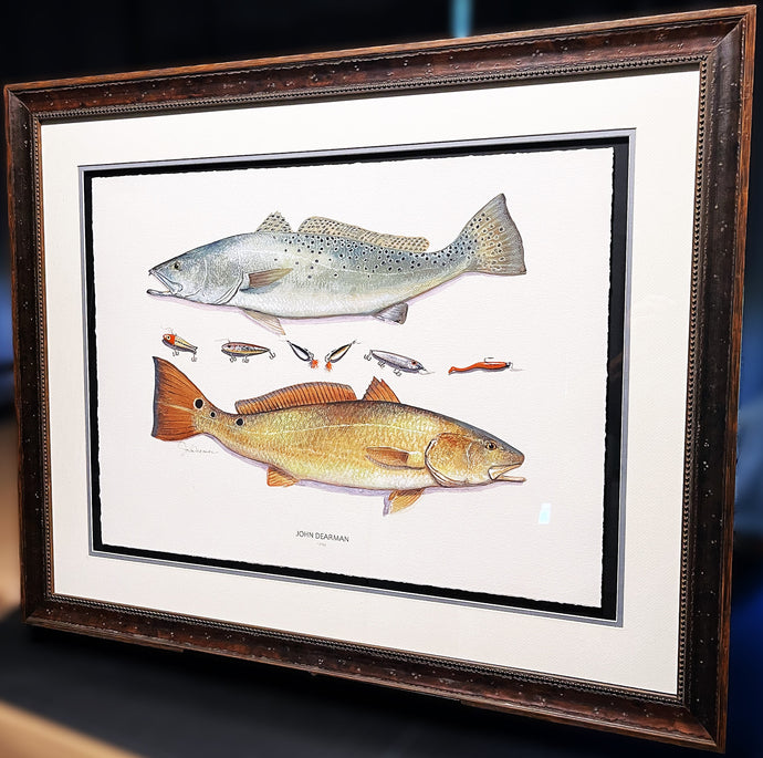 John Dearman Recuerdos GiClee 3/4 Sheet Speckled Trout, Red & Lures - Brand New Super Custom Sporting Frame  ***  SPRING SPECIAL  ***