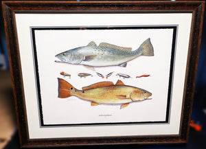 John Dearman Recuerdos GiClee 3/4 Sheet Speckled Trout, Red & Lures - Brand New Super Custom Sporting Frame  ***  SPRING SPECIAL  ***