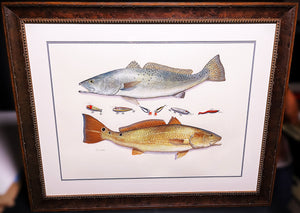 John Dearman Recuerdos GiClee Full Sheet Speckled Trout, Redfish & Lures -  Brand New Super Custom Sporting Frame
