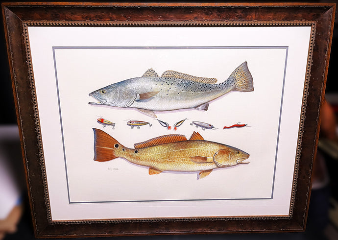 John Dearman Recuerdos GiClee Full Sheet Speckled Trout, Redfish & Lures -  Brand New Super Custom Sporting Frame