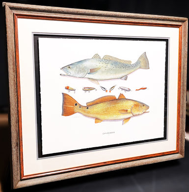 John Dearman Recuerdos GiClee 3/4 Sheet Speckled Trout, Red & Lures - Brand New Custom Sporting Frame  ***  SPRING SPECIAL  ***