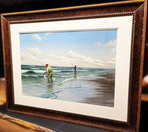 John Dearman Red Surf Fishing 1986 Original Watercolor Painting Full Sheet - Brand New Super Custom Framed