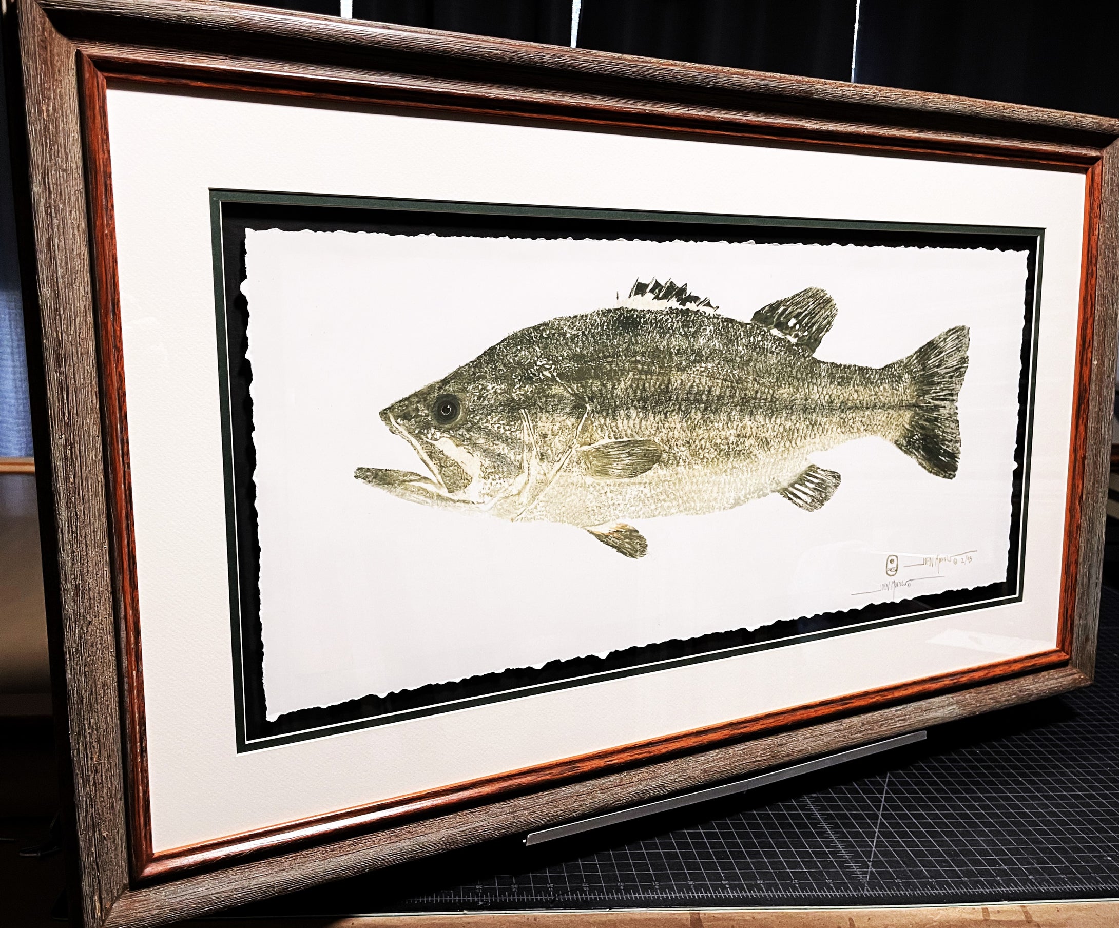 John Morrow Black Bass Gyotaku GiClee - Brand New Super Custom Sporting Frame