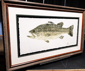John Morrow Black Bass Gyotaku GiClee - Brand New Super Custom Sporting Frame