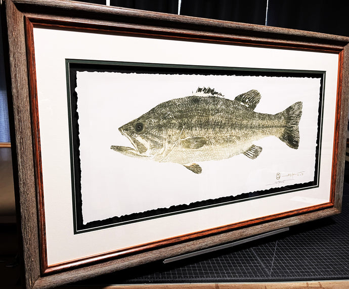 John Morrow Black Bass Gyotaku GiClee - Brand New Custom Sporting Frame