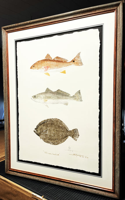 John Morrow - The Coastal Grand Slam Gyotaku GiClee - AP - Brand New Custom Sporting Frame  ***  FALL SPECIAL  ***
