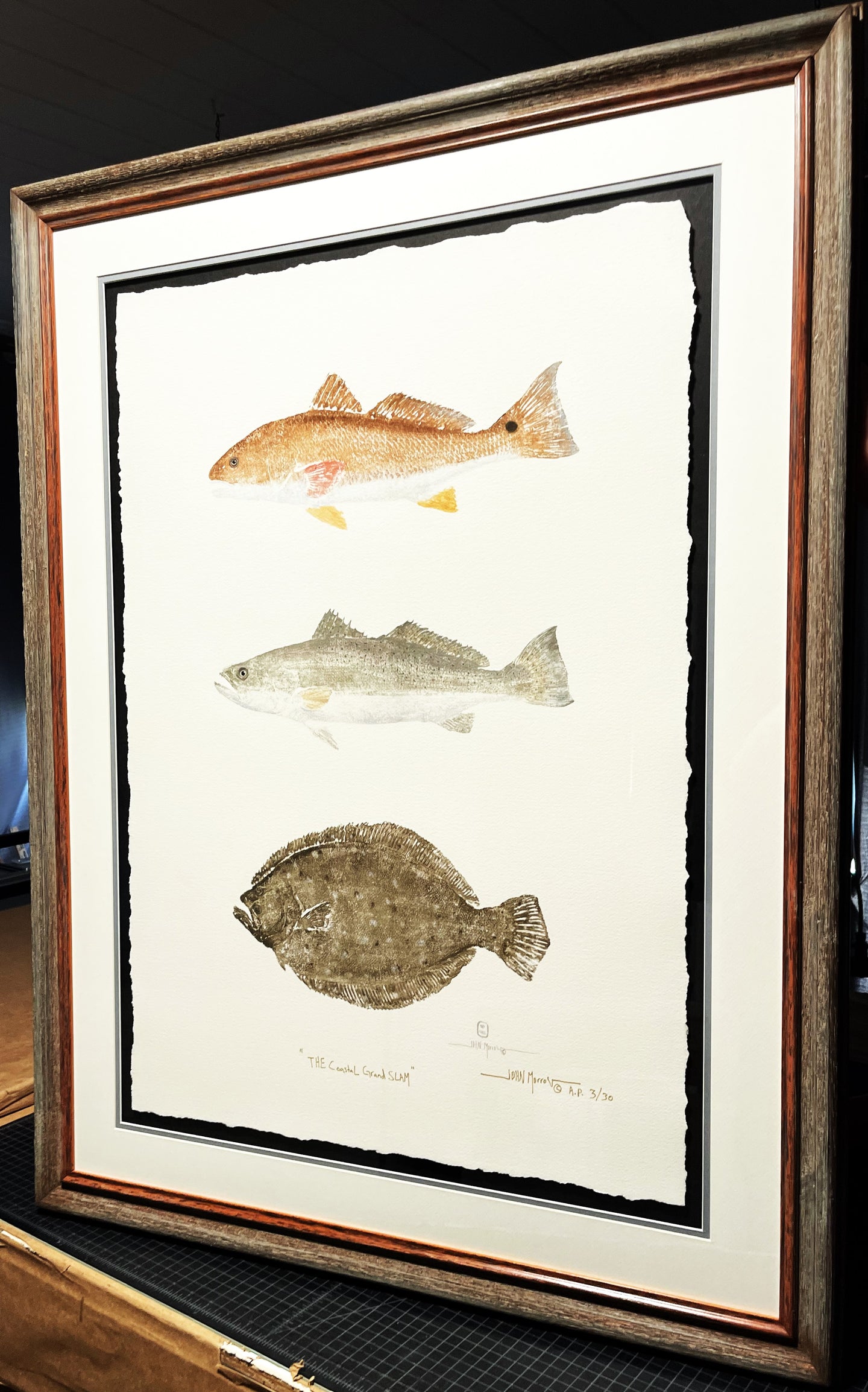 John Morrow - The Coastal Grand Slam Gyotaku GiClee - AP - Brand New Custom Sporting Frame  ***  FALL SPECIAL  ***