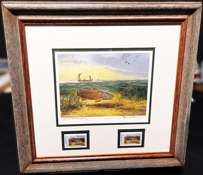 John P. Cowan 1986 Texas Saltwater Stamp Print With Double Stamps - Brand New Super Custom Sporting Frame