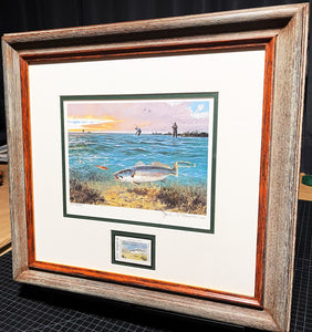 John P. Cowan 1989 Texas Saltwater Stamp Print With Stamp - Brand New Super Custom Sporting Frame