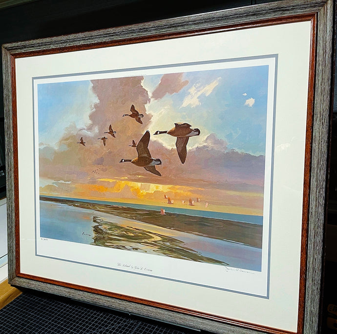 John P. Cowan The Island Oversize Edition Lithograph Print - Classic Canada Goose Scene Published and Printed 1995 - Mint Condition - Brand New Custom Sporting Frame