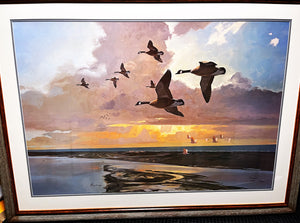 John P. Cowan The Island Lithograph Print - Special Oversize Edition - Classic Canada Goose Scene Published and Printed 1995 - Mint Condition - Brand New Super Custom Sporting Frame
