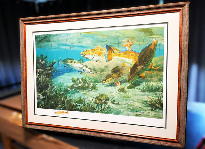 Larry Haines Oyster Bar Lithograph Redfish Remarque - Brand New Super Custom Sporting Frame