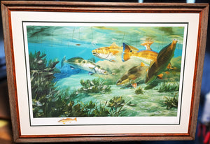 Larry Haines Oyster Bar Lithograph Redfish Remarque - Brand New Custom Sporting Frame