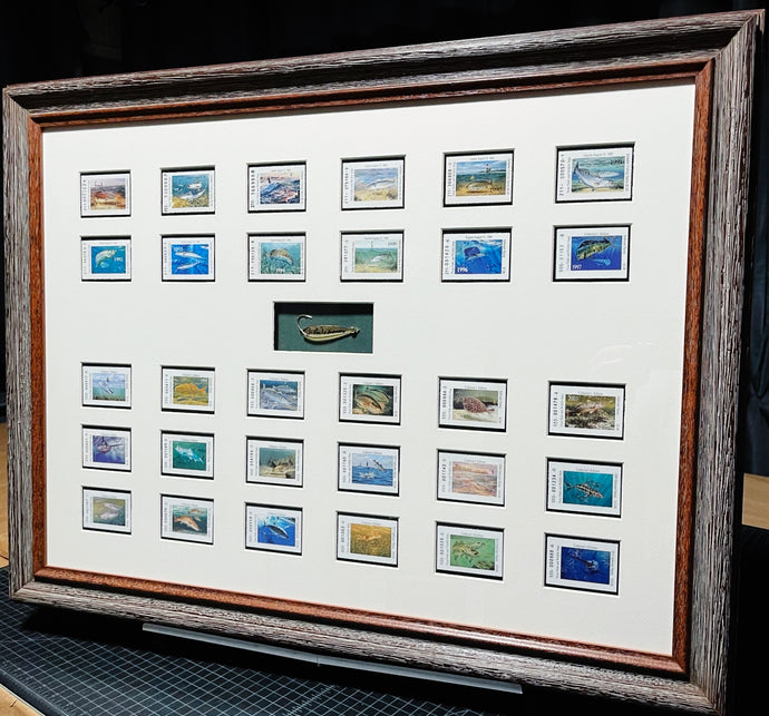 Texas State Saltwater Fishing Stamps Complete Set 1986 To 2015 - Shadow Box With Gold Spoon - Brand New Super Custom Sporting Frame