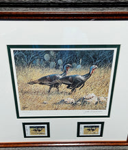 Load image into Gallery viewer, John Dearman 1991 Texas Turkey Stamp Print With Double Stamps - Brand New Custom Sporting Frame