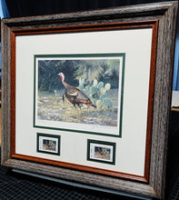 Load image into Gallery viewer, John Dearman 1997 Texas Wild Turkey Stamp Print With Double Stamps - Brand New Super Custom Sporting Frame