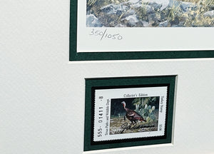 John Dearman 1997 Texas Wild Turkey Stamp Print With Double Stamps - Brand New Custom Sporting Frame