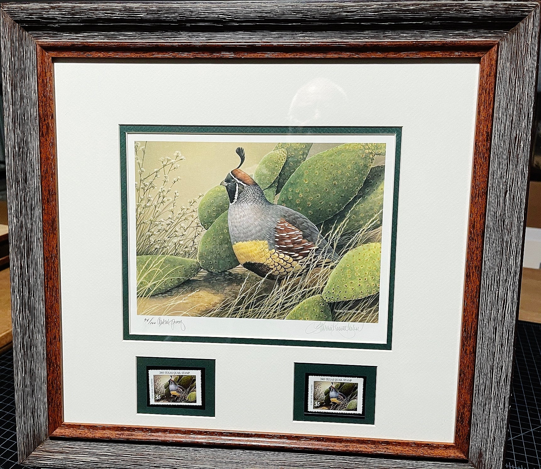 Sherrie Russel Meline 2003 Texas Quail Stamp Print With Double Stamps - Artist Proof - Brand New Super Custom Sporting Frame