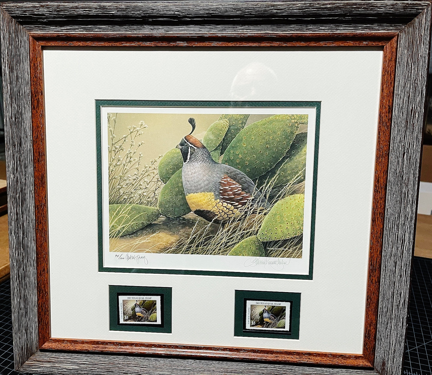 Sherrie Russel Meline - 2003 Texas Quail Stamp Print With Double Stamps - AP - Brand New Custom Sporting Frame