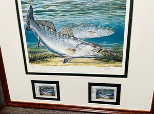 Al Agnew 1991 Texas Saltwater Stamp Print With Double Stamps - Brand New Custom Sporting Frame