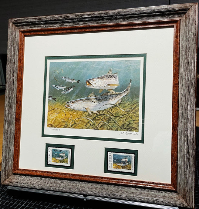 Al Barnes 1987 Texas Saltwater Stamp Print With Double Stamps - Brand New Custom Sporting Frame