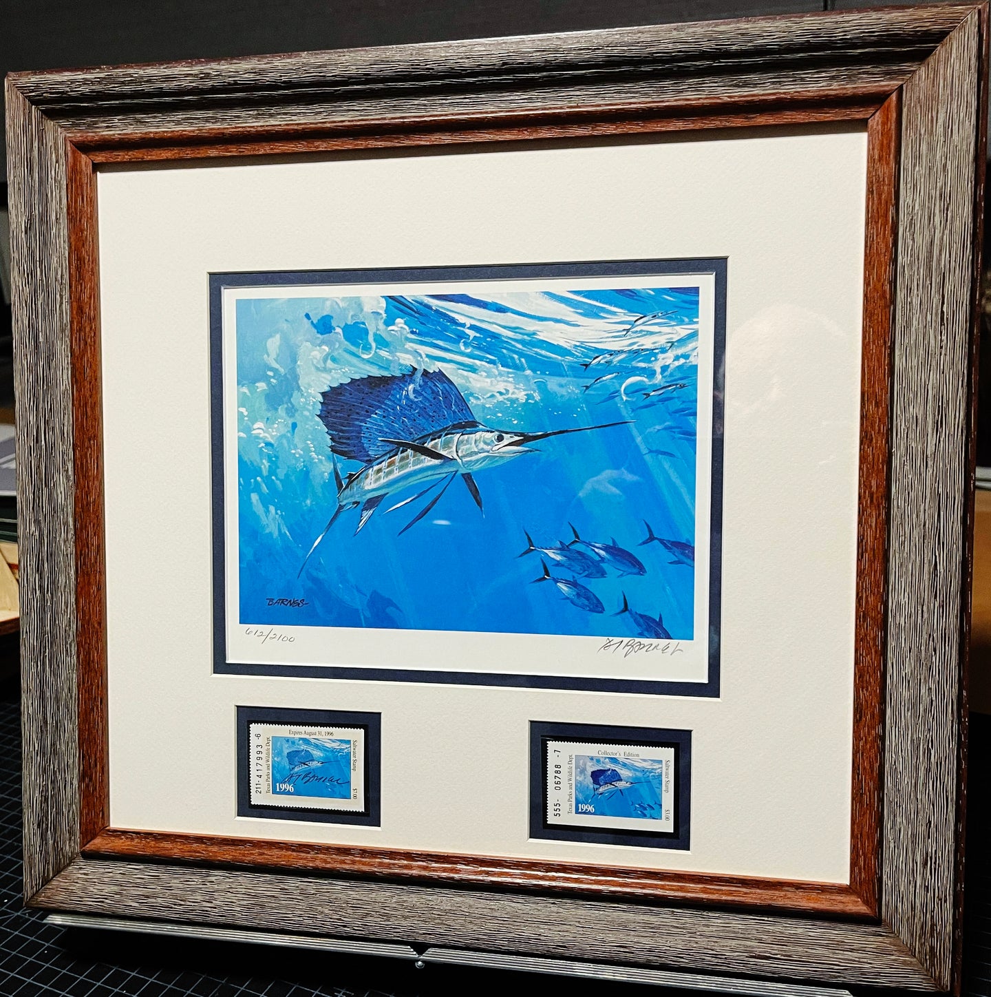 Al Barnes - 1996 Texas Saltwater Stamp Print With Double Stamps - Brand New Custom Sporting Frame