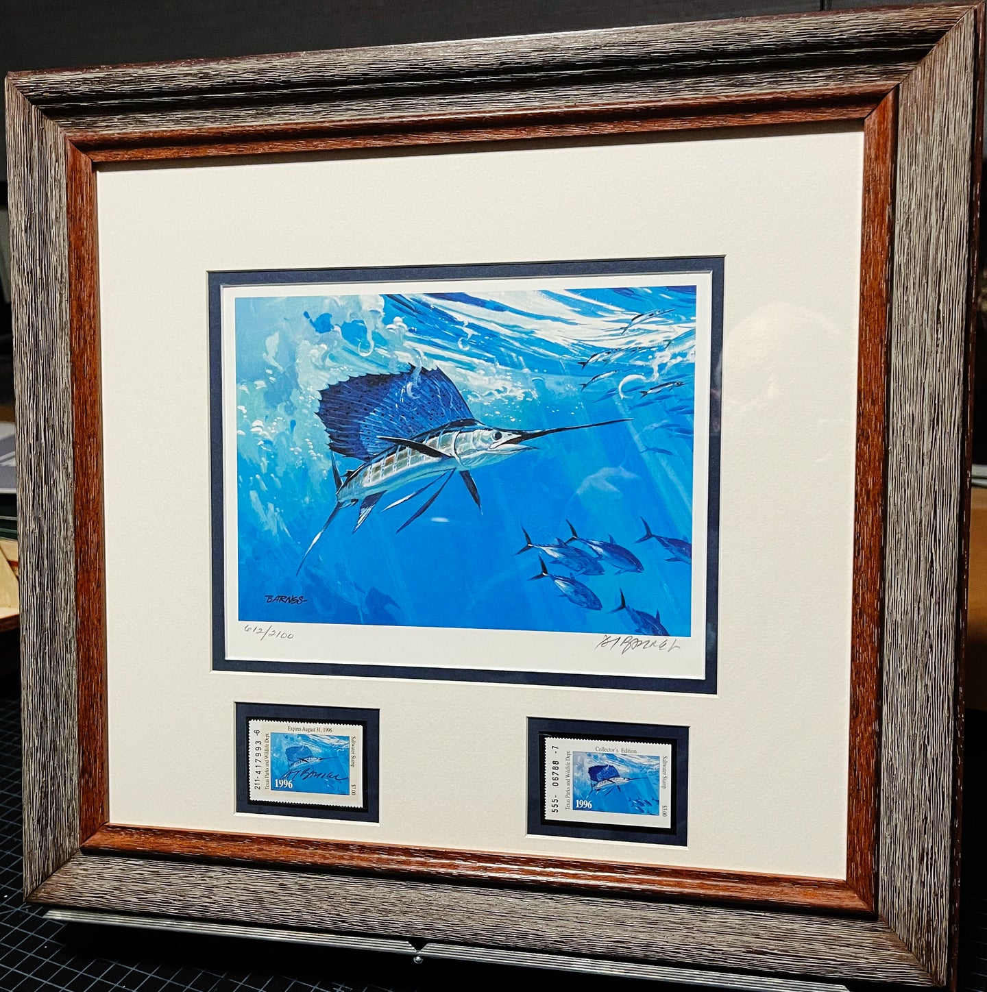 Al Barnes - 1996 Texas Saltwater Stamp Print With Double Stamps - Brand New Custom Sporting Frame