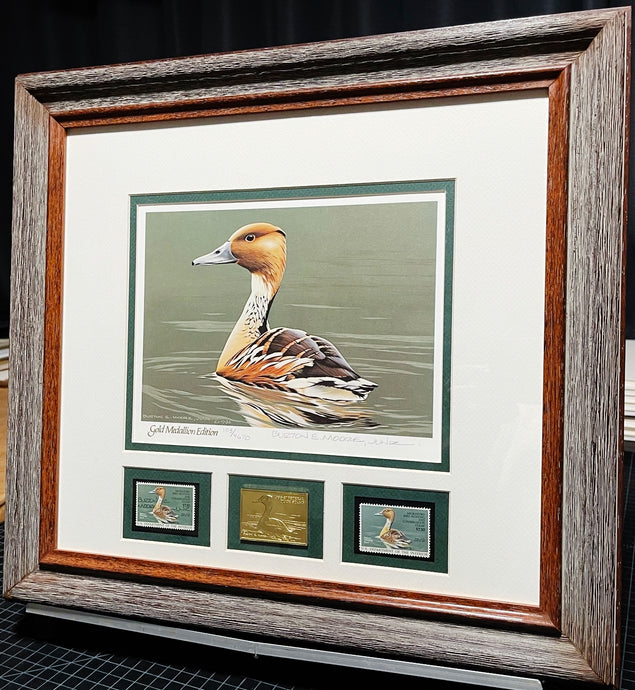 Burton E. Moore - 1986 Federal Duck Stamp Print Gold Medallion Edition With Double Stamps - Brand New Super Custom, Sporting Frame