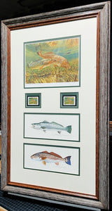 Chance Yarbrough - 2016 Coastal Conservation Association CCA Stamp Print Artist Proof With Double Stamps - 2 Beautiful 6" x 12" Original Watercolor Inlays - Brand New Custom Sporting Frame