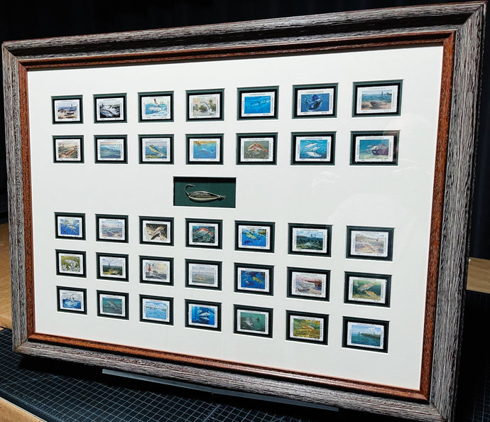 Coastal Conservation Association CCA Complete Stamp Set 1983 To 2017 - Shadow Box With Spoon - Brand New Super Custom Sporting Frame