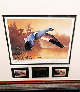 Daniel Smith - 1988 Federal Duck Stamp Print Gold Medallion Edition With Double Stamps - Brand New Custom Sporting Frame" Flying Snow Goose