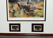 Load image into Gallery viewer, David Maass 1986 Texas Turkey Stamp Print With Double Stamps - Brand New Custom Sporting Frame