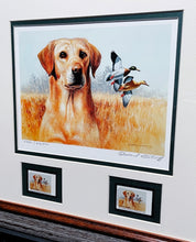 Load image into Gallery viewer, Edward Suthoff 2006 Louisiana Waterfowl Conservation Duck Stamp Print With Double Stamps - Yellow Lab W Mallard Duck - Brand New Custom Sporting Frame