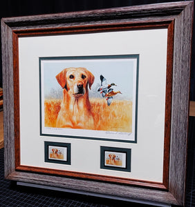 Edward Suthoff 2006 Louisiana Waterfowl Conservation Duck Stamp Print With Double Stamps - Yellow Lab W Mallard Duck - Brand New Custom Sporting Frame