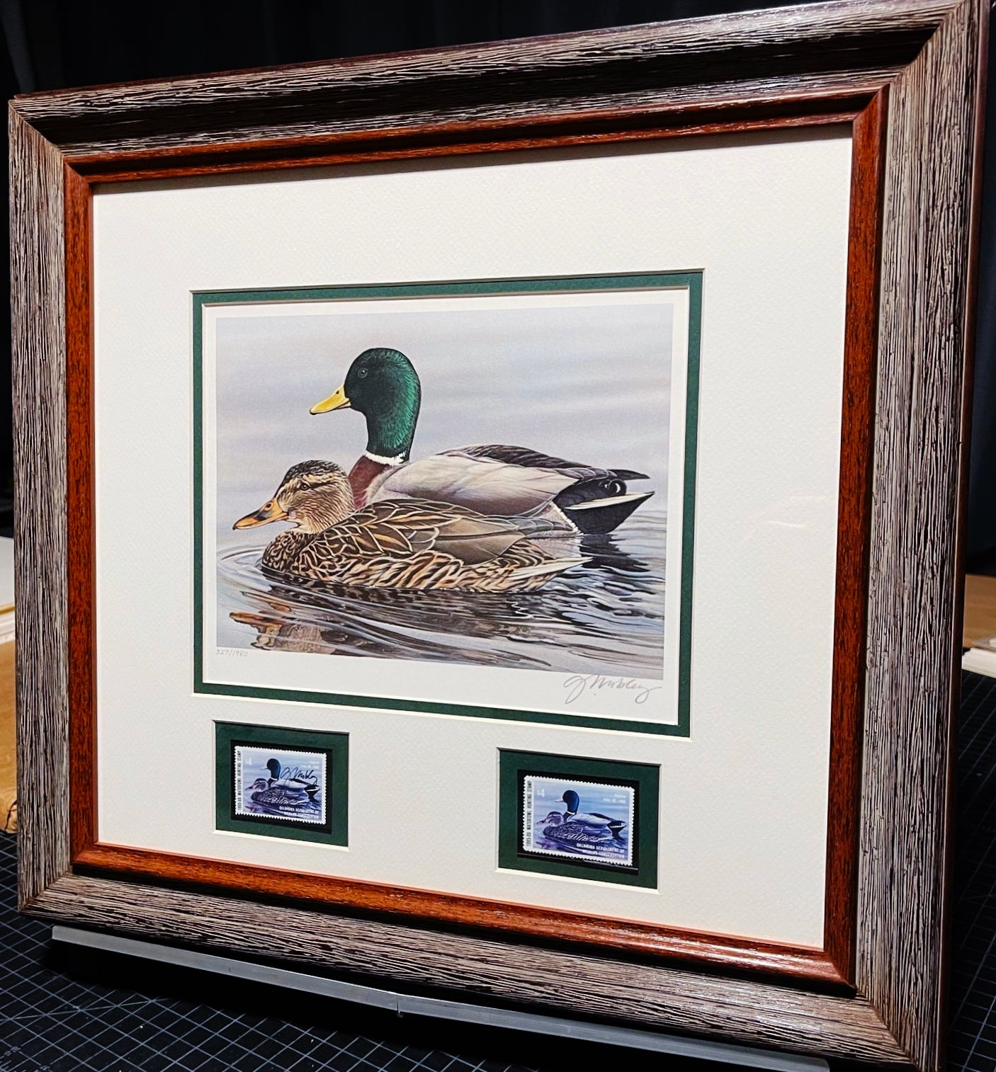 Gerald Mobley - 1985 Oklahoma Department Of Wildlife Conservation Stamp Print With Double Stamps - Brand New Custom Sporting Frame