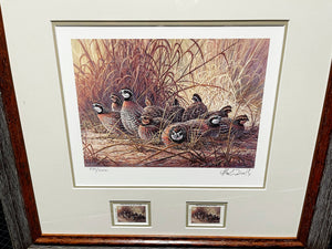 Herb Booth - 1996 Texas Quail Stamp Print With Double Stamps - Brand New Custom Sporting Frame