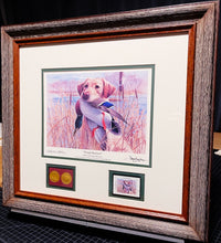 Load image into Gallery viewer, James Killen - 1996 Trout Unlimited Stamp Print With Stamp - Collectors Edition With Gold Medallion &quot;Proud Retrieve&quot; - Brand New Custom Sporting Frame