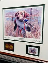 Load image into Gallery viewer, James Killen - 1996 Trout Unlimited Stamp Print With Stamp - Collectors Edition With Gold Medallion &quot;Proud Retrieve&quot; - Brand New Custom Sporting Frame