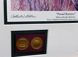 James Killen - 1996 Trout Unlimited Stamp Print With Stamp - Collectors Edition With Gold Medallion "Proud Retrieve" - Brand New Custom Sporting Frame